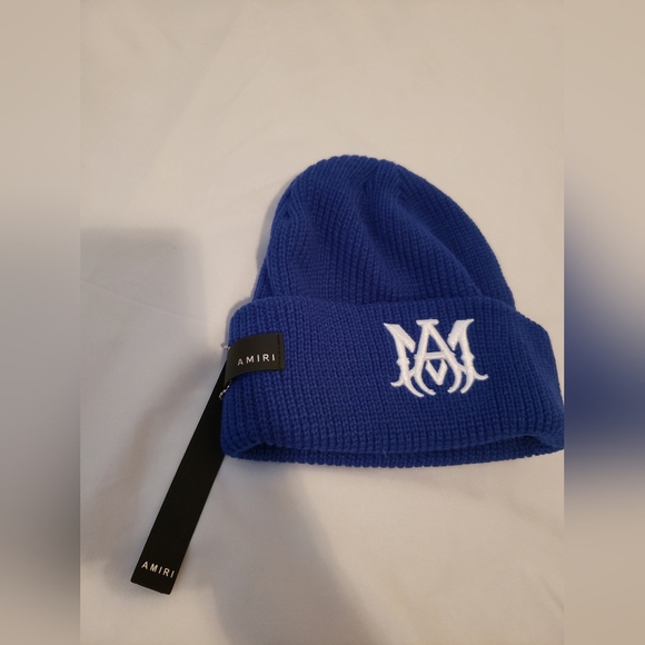 AMIRI Blue Knit Beanie with White Logo - Picture 2 of 3